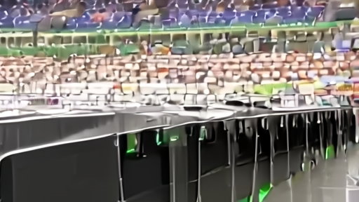 A stadium bowl with empty rows above glowing turnstile scanners
