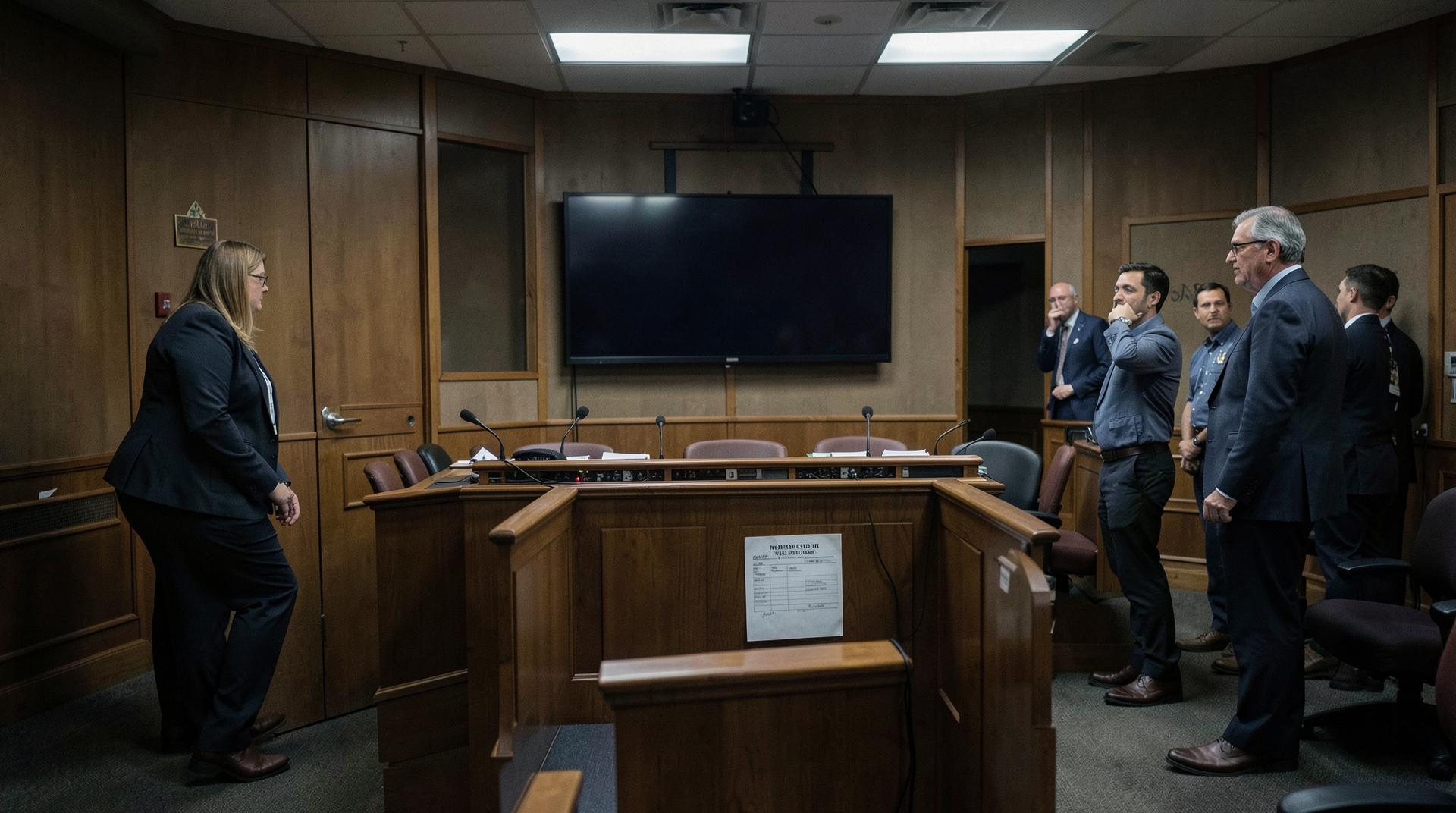 A closed congressional intelligence hearing room with a failed vote sheet on the table.