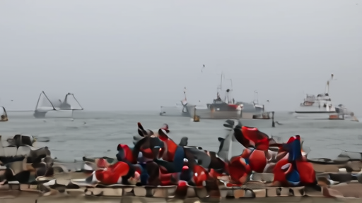 Life jackets and helmets on an Indian dock while tankers wait offshore