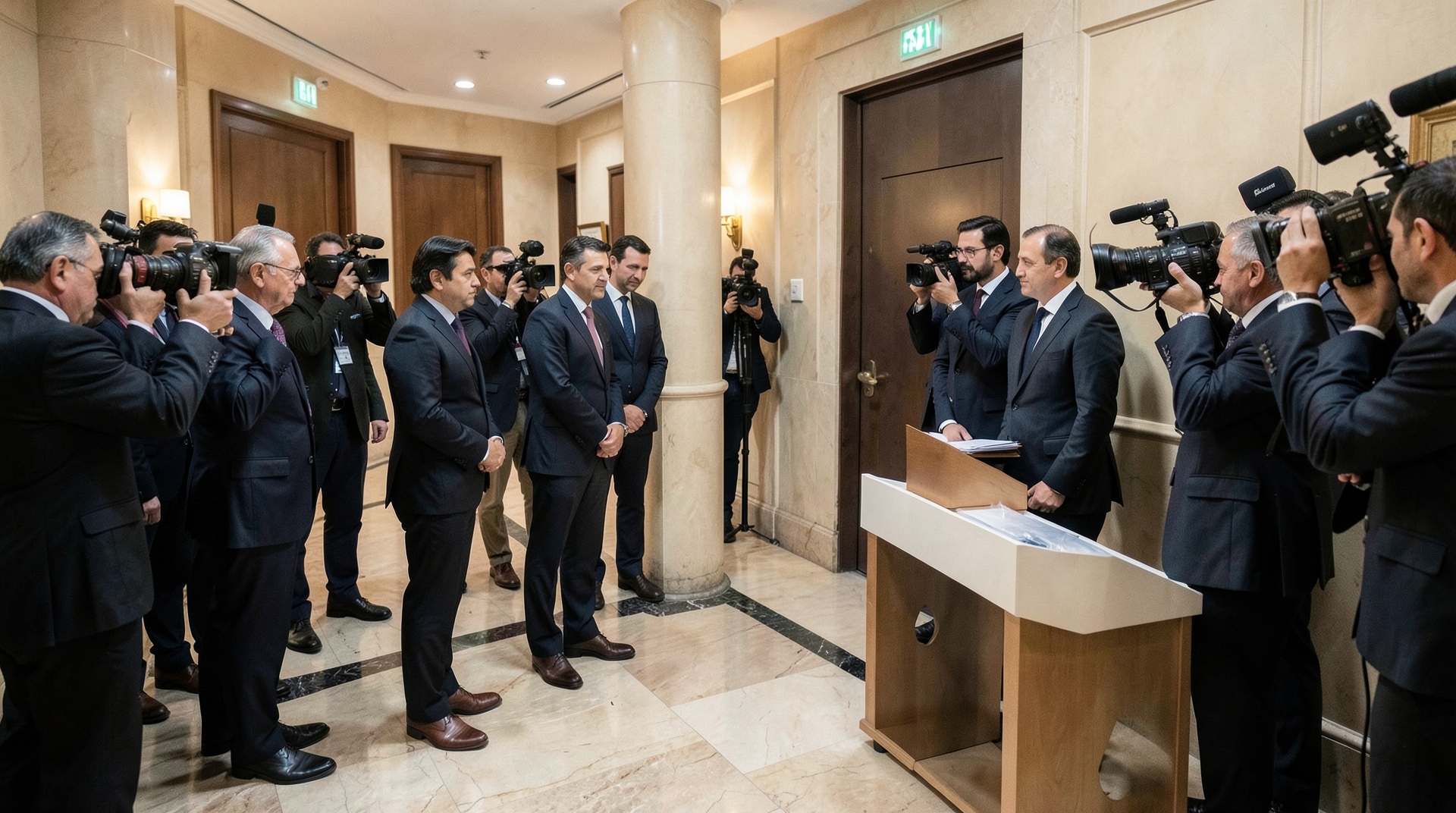 Diplomats wait in a hotel corridor beside a blank lectern and sealed folders.