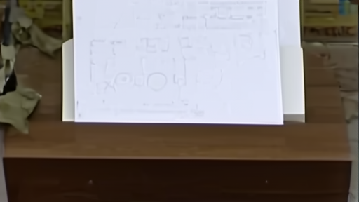 A diplomatic podium with a blank agreement folder and a faded operations map behind it