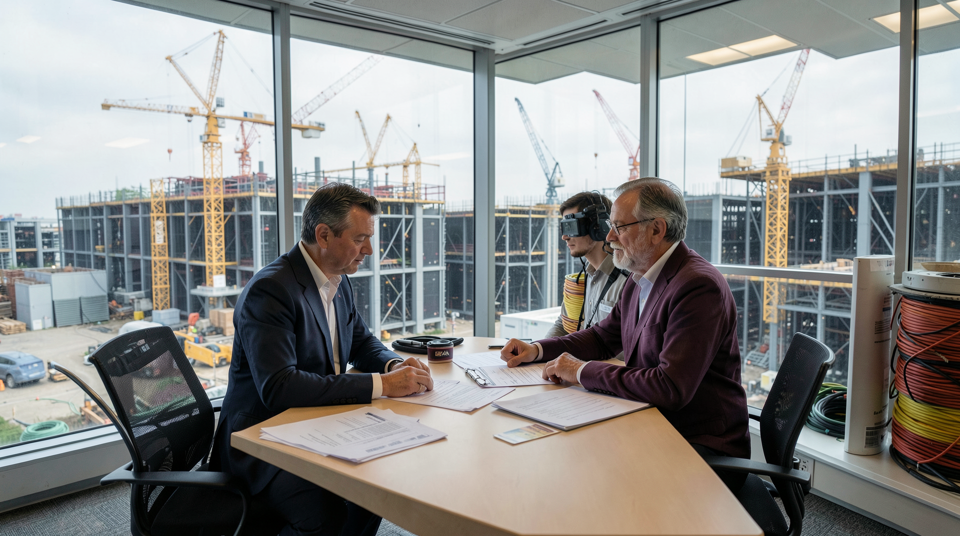 Finance staff review debt schedules while data-center construction cranes rise outside.