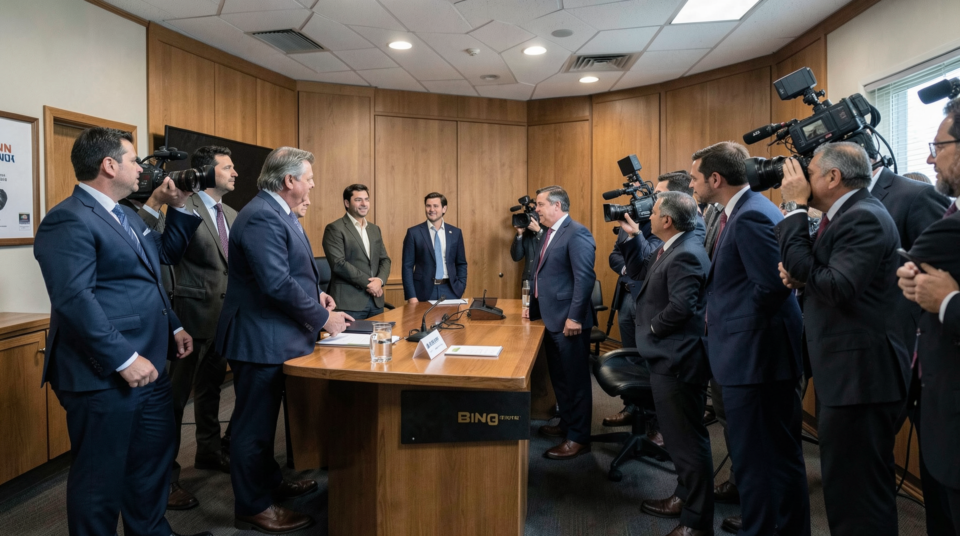 State attorneys and media-company lawyers gather outside a hearing room with studio-logo folders.