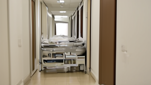 A quiet maternity ward hallway with an empty bassinet station and a nurse reviewing charts