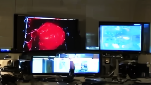 Astronomers study a red deep-field object and spectral-line plots in a dark control room