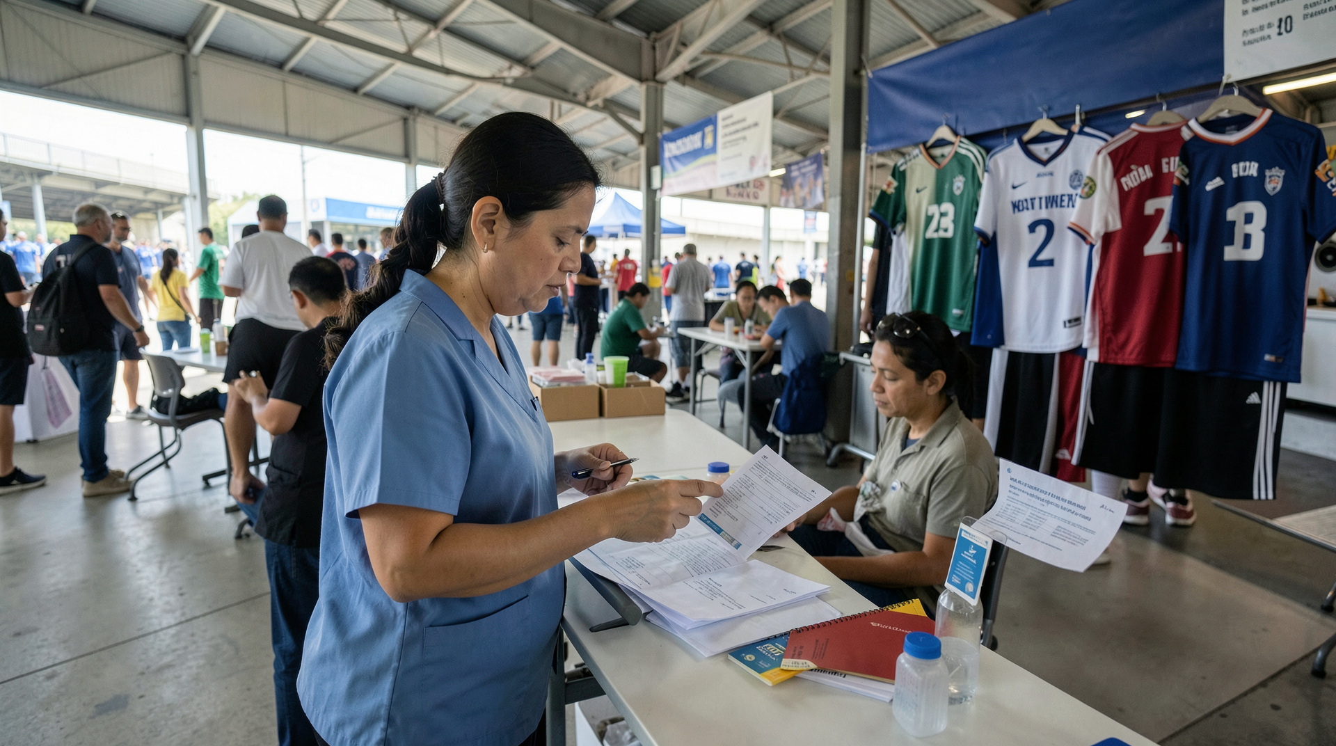 A nurse reviews vaccine records at a temporary clinic near soccer fans.