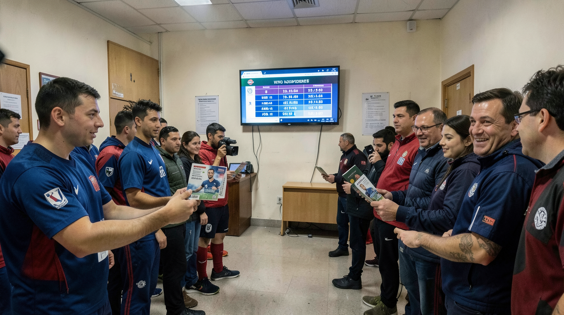 Soccer fans hold match tickets and passports in a consulate waiting room.