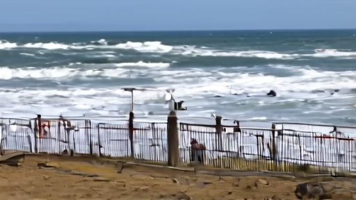 A Bay Area beach access path has warning signs, choppy surf, and visitors standing behind a barricade.