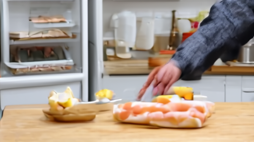 A shopper checks a soft-cheese label and manufacturer permit code while cleaning a refrigerator shelf.