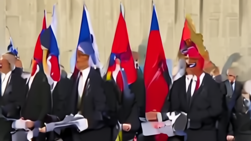 G7 leaders walk past summit flags while aides carry country-tabbed briefing folders with no agreement text visible.