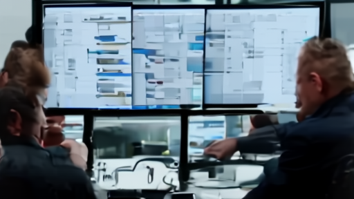 Engineers review a long-running coding-agent workspace and access logs in a software operations room.