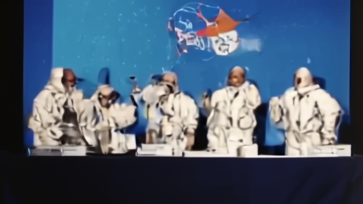 Four named astronauts in flight suits at a NASA press backdrop, an Orion docking diagram on the screen behind them