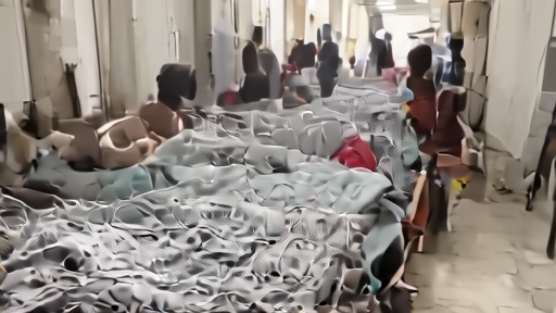 A Dhaka hospital dengue ward with bed-net-covered cots and families waiting in a crowded corridor