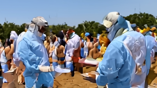 Health workers in protective equipment checking a thermometer reading at a DRC-Uganda border crossing