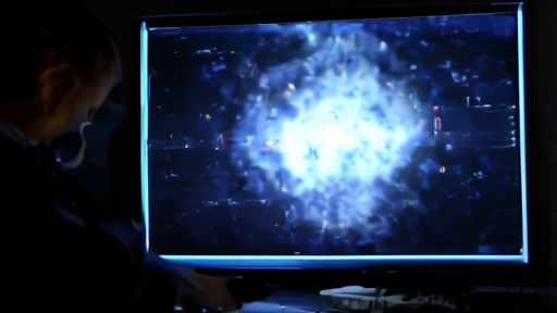 An astronomer at a darkened control console studying a composite X-ray image of the galactic center, an uncertain bright region marked