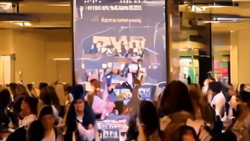 A packed evening cinema crowd filing past a fashion-drama sequel poster with ticket stubs in hand