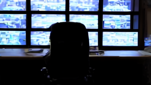 A darkened television control room with two network logos glowing on monitor banks above an empty anchor desk
