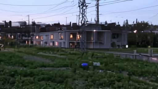 A high-voltage substation beside a windowless data center hall at dusk, transmission lines running toward lit homes