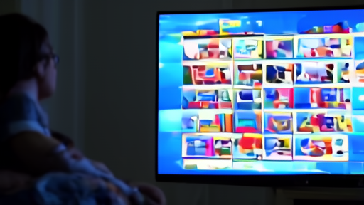 A living-room television showing a streaming home screen of glowing ad tiles reflected in a viewer's glasses