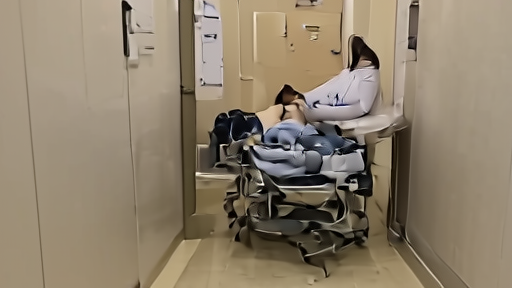 A pediatric oncology ward in a strained Gaza hospital with a child on a gurney by a sealed corridor door