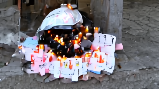 A makeshift fan memorial of candles and a scooter helmet outside a concert venue at dusk with handwritten notes