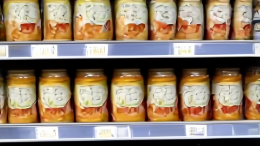 A grocery shelf with Alfredo jars and crouton pouches as a shopper's hand turns a package to read the lot code under store lighting
