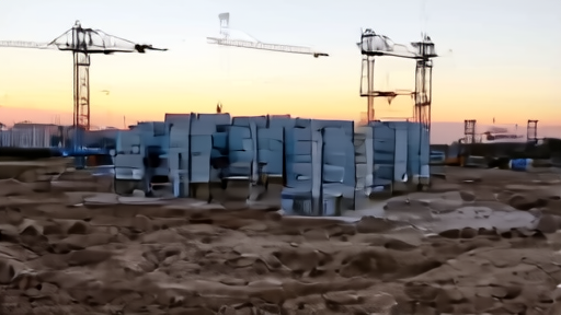 A data-center construction site at dusk beside a warehouse stacked with server racks tagged for inventory