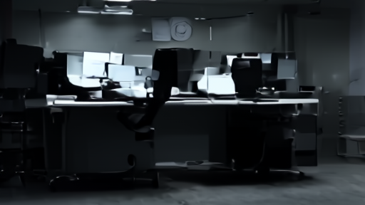 A darkened federal intelligence operations floor with one analyst's workstation lit under a wall clock past midnight
