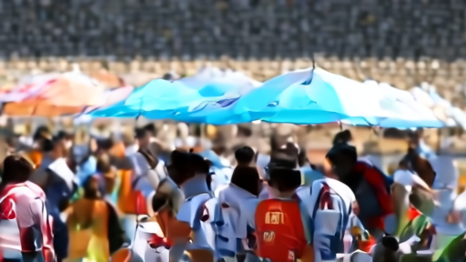 Players clustered at a sideline cooling break under shade umbrellas with ice towels and water, sun-bleached stadium behind