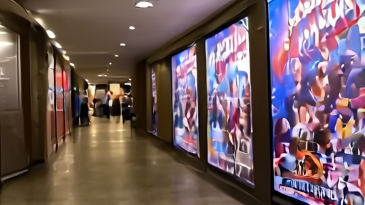 A cinema corridor where a busy horror-poster hall contrasts with an empty hall under a toy-franchise banner