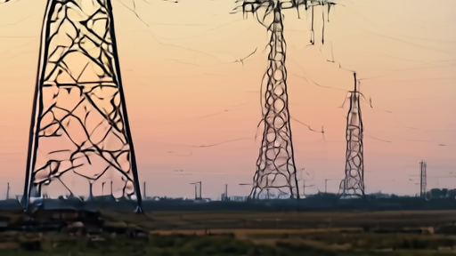 Rural Ohio transmission towers and a surveyed construction field at dusk with utility trucks on the shoulder