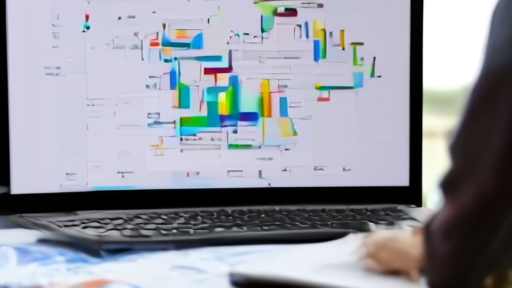 A marked-up merger agreement and stock chart on a conference table beside a laptop showing code editor windows