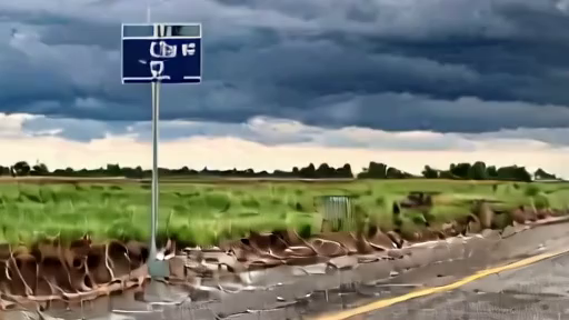 A central Plains road under dark storm clouds beside a swollen drainage ditch