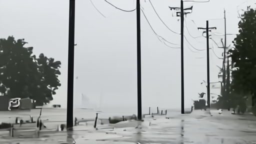 A flooded roadside with rain bands visible beyond utility poles