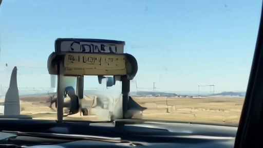 Gas station price sign reflected in a driver's side mirror