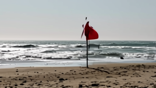A red beach flag on a windy Outer Banks shoreline with rough surf