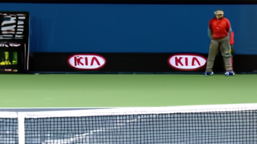 A tennis practice court with a broadcast camera and sponsor backdrop