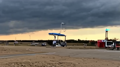 Travelers checking radar on a phone at a gas station under storm clouds