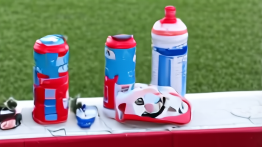 A soccer sideline with water stations and a handheld heat meter