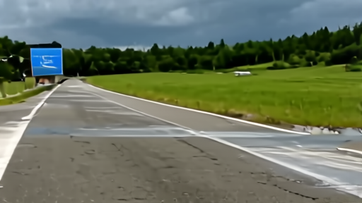 A highway under dark clouds with a roadside flood warning sign