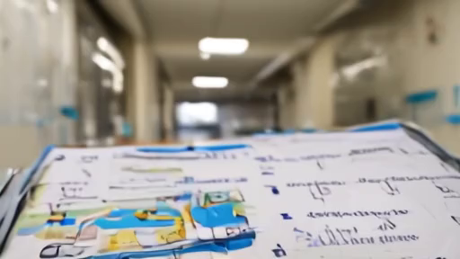 Hospital corridor with packed medical records and a border-crossing map on a clipboard