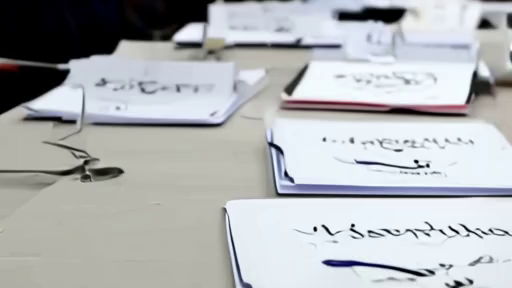 Conference table with unsigned annex folders, flags, and empty chairs after postponed talks