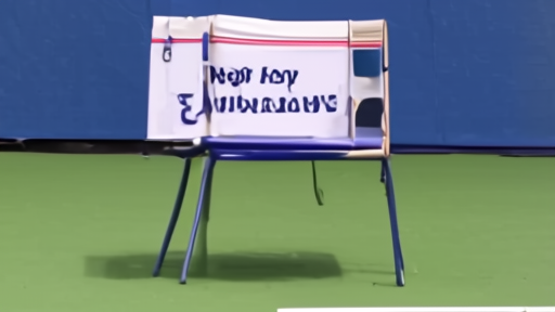 Tennis practice court with sponsorship backdrop and rules binder on a chair