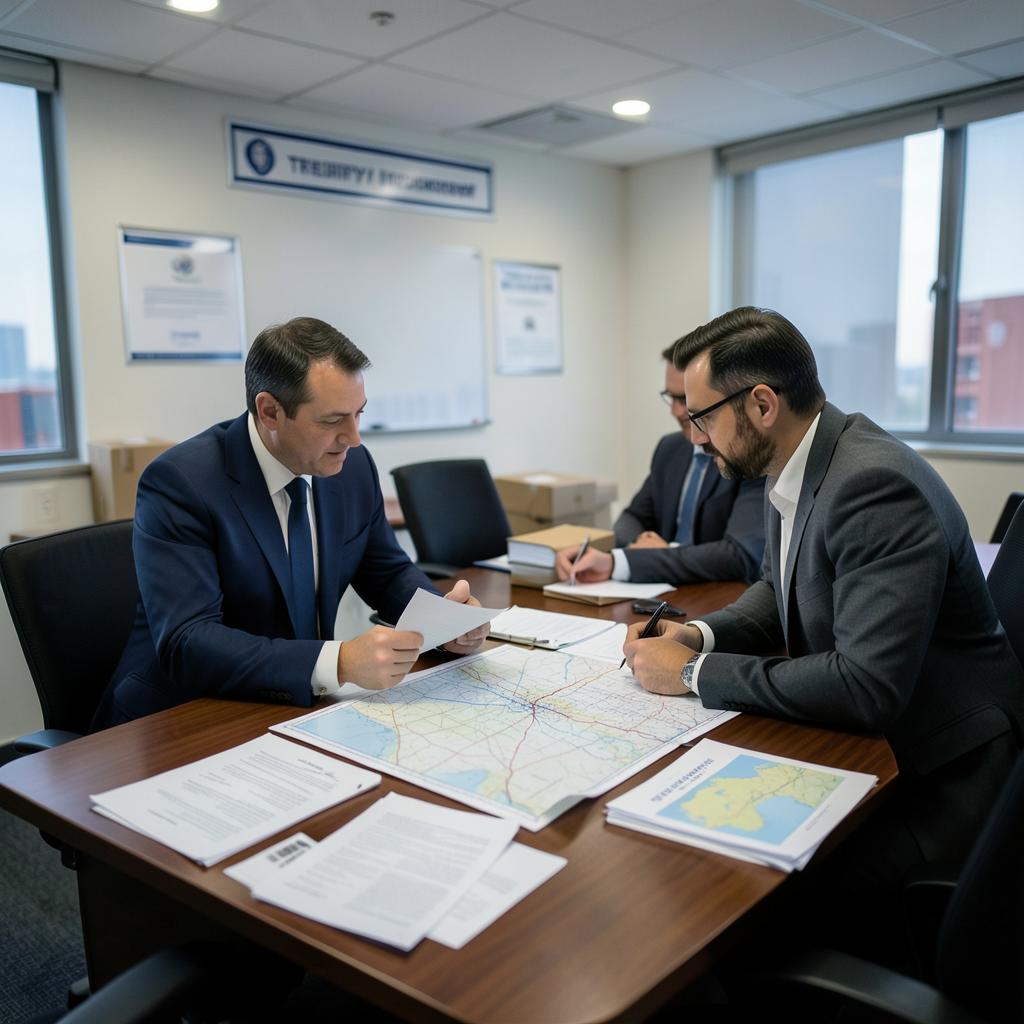 Treasury sanctions lawyers reviewing an oil tanker route map