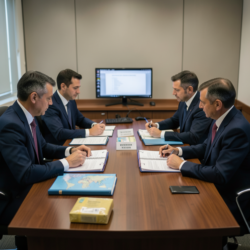Diplomats studying nuclear inspection binders at a negotiation table