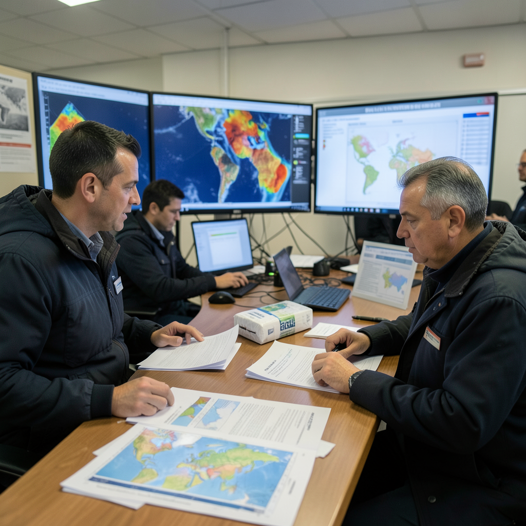 Weather scientists reviewing satellite rainfall and flood-warning models