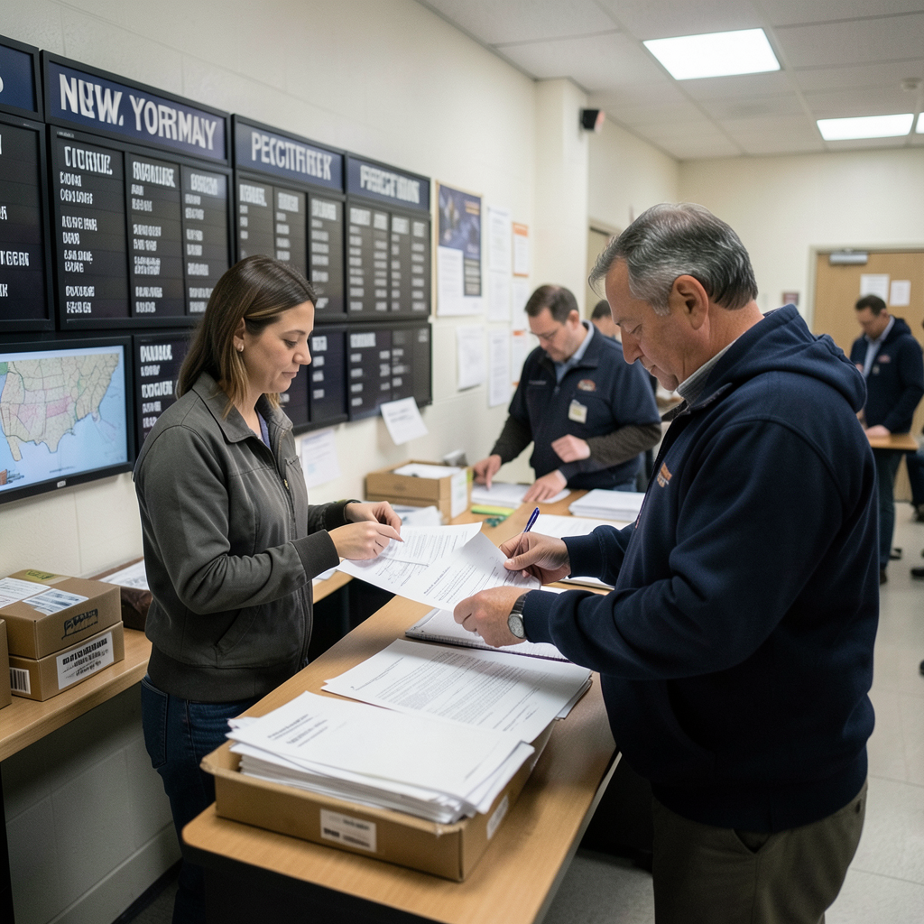 Election workers processing New York primary ballots