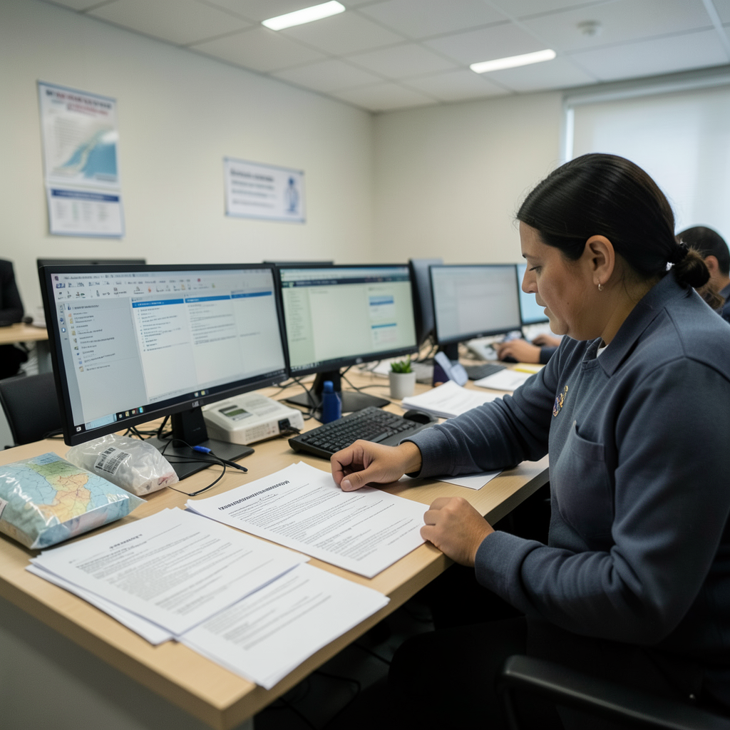 Public-health operations room closing a cruise-exposure monitoring file with quarantine logs on desks