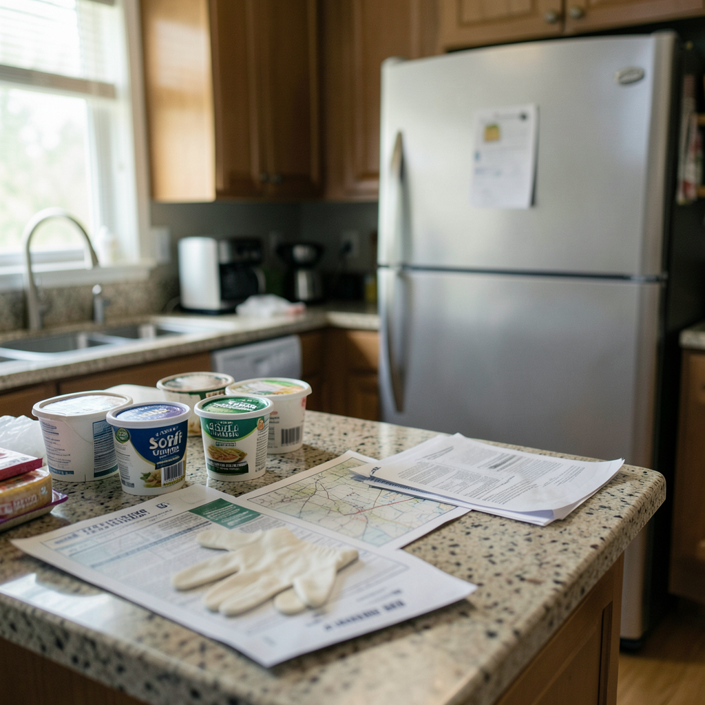 Kitchen counter with recalled soft cheese containers, gloves, and a refrigerator being cleaned