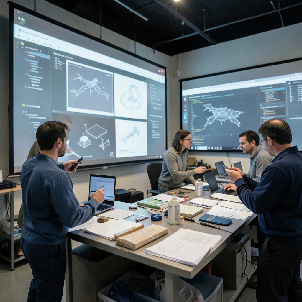 Designers and engineers reviewing motion prototypes and code layers on large design screens